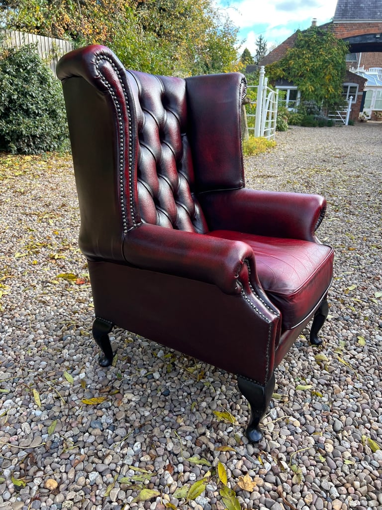 Beautiful Chesterfield Oxblood Leather Queen Anne Chair