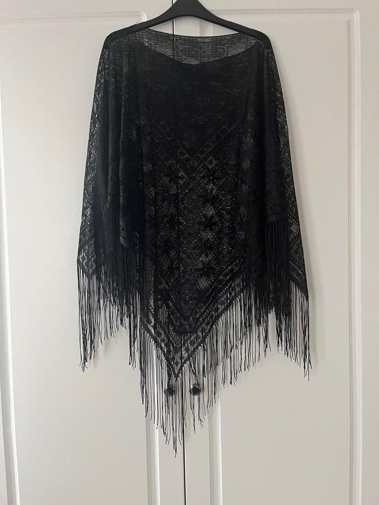 Vintage Sheer Lace Poncho/Cape with Fringe.