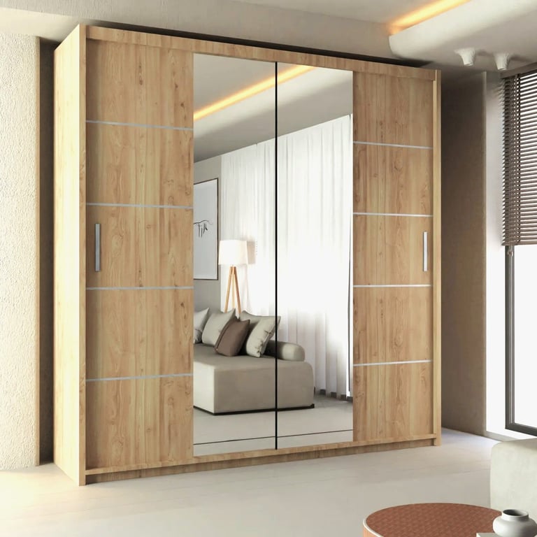 Brand New 2 or 3 Doors Sliding Wardrobe with Mirrors & Drawers in Black Grey White Oak