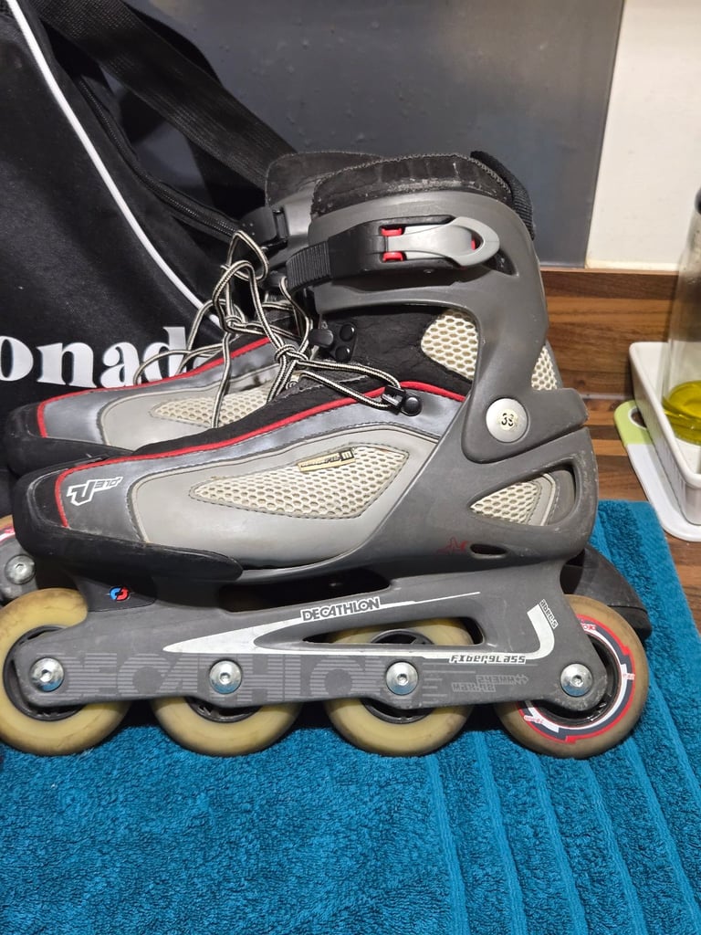 Decathlon UK6 Black Grey Inline Skates with Lemonade Bag and Protection Gear