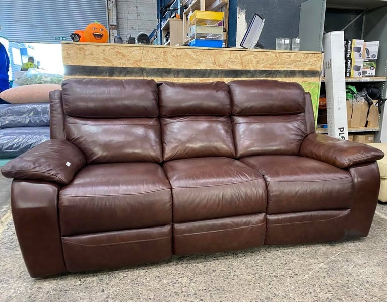 image for Brown leather 3 seat manual recliner sofa 