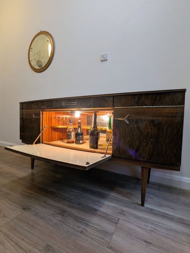 image for Mid century walnut burr veneer Beautility sideobard cocktail cabinet lighting vintage retro