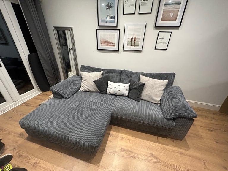 image for Grey Jumbo Cord Corner Sofa Left or Right Chaise