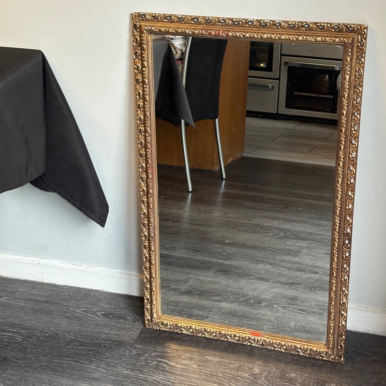 Large gold ornate vintage wooden mirror 33” x 21”