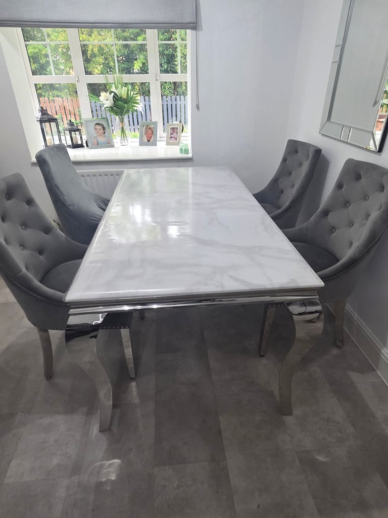 Louis Marble Dining Table + 4 Lion Knocker Chairs + Bench