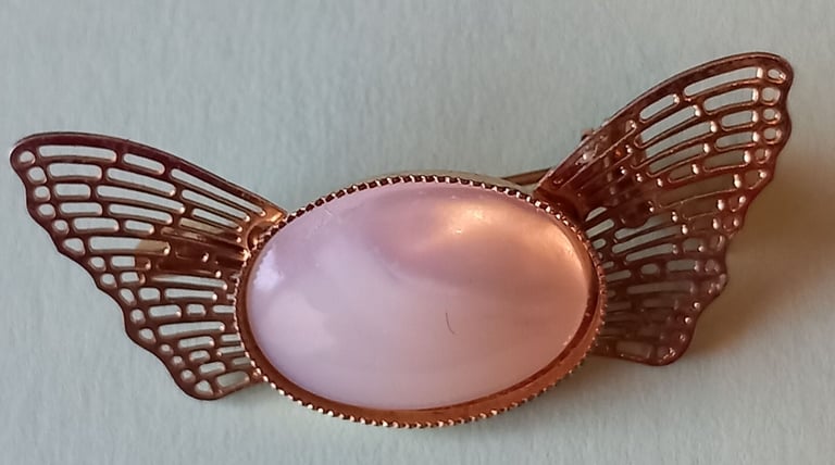 image for Filigree effect gold coloured Winged Brooch with white opalescent oval centre , lovely gift idea