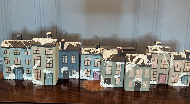 Folk art hand painted winter houses. Three for £10