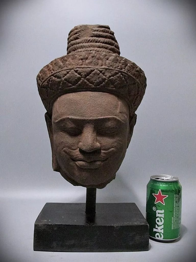 Antique Sculpture Khmer Sandstone Shiva Head Figure 'Bakheng Style'