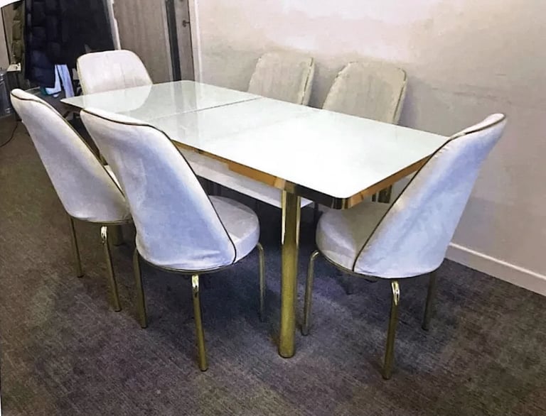 Glass Top Marble-Effect Dining Table Set with Velvet Chairs – Same Day Delivery