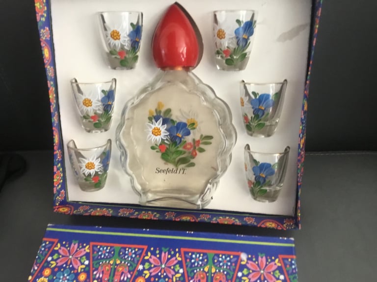 Vintage shot glasses and decanter