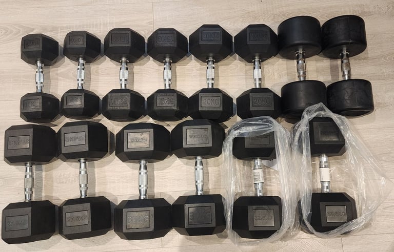 image for As new huge hex rubber dumbbells set 10kg to 32.5kg *7 pairs*