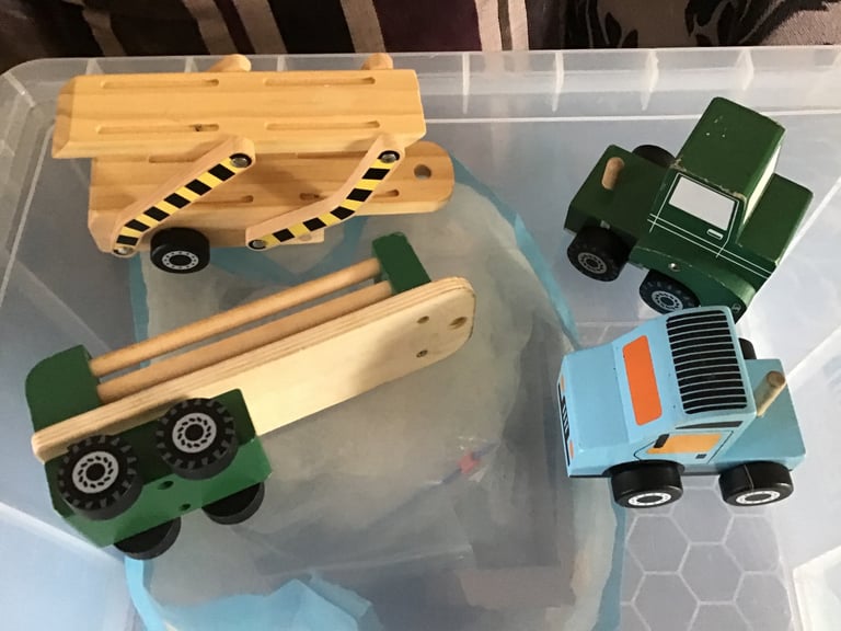 1x Little town lorry + trailer 1x early learning centre car  transporter lorry  Both wooden painted
