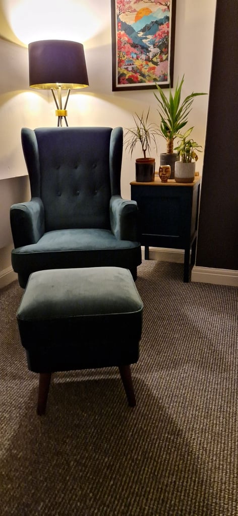 Peacock velvet Armchair with matching footstool 