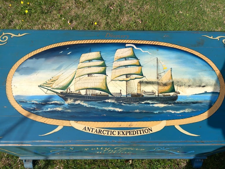 ANTIQUE PAINTED PINE BLANKET BOX. DISCOVERY, ANTARCTIC.