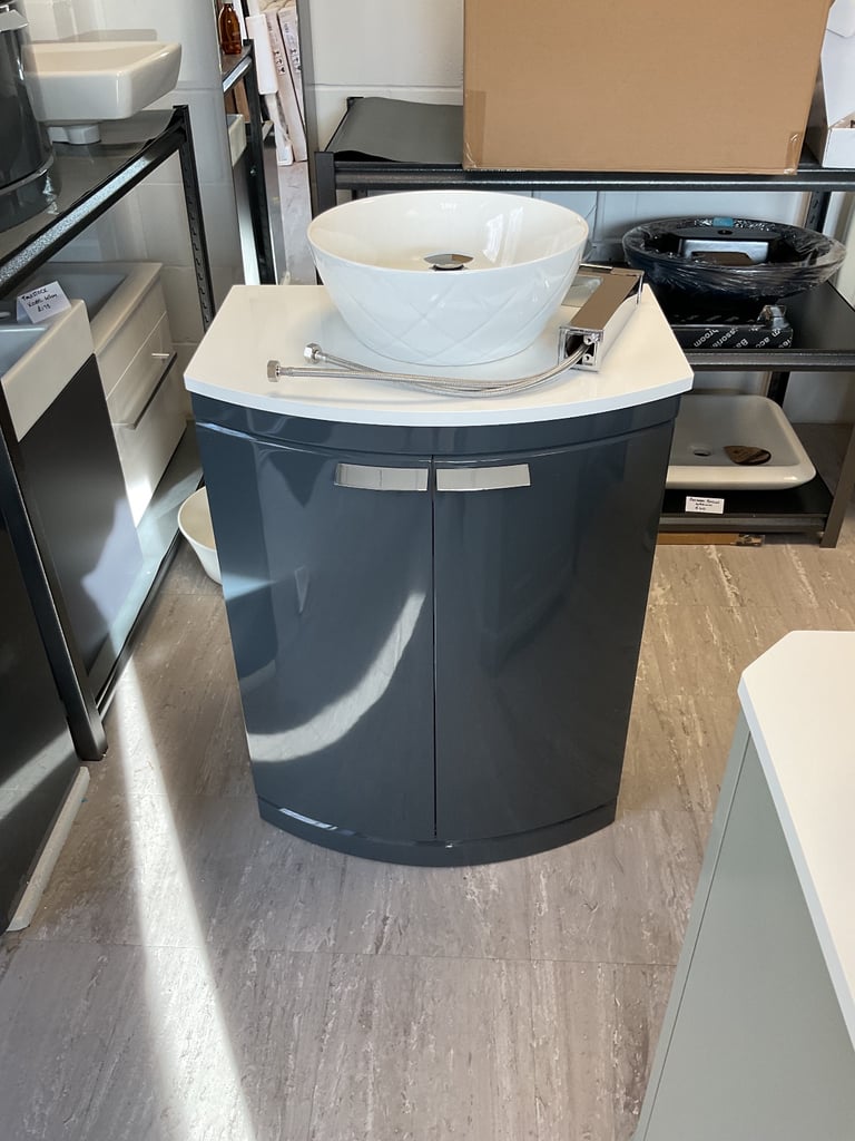 Tavistock Tempo 650mm curved vanity in Gloss dark grey, basin, mixer & waste