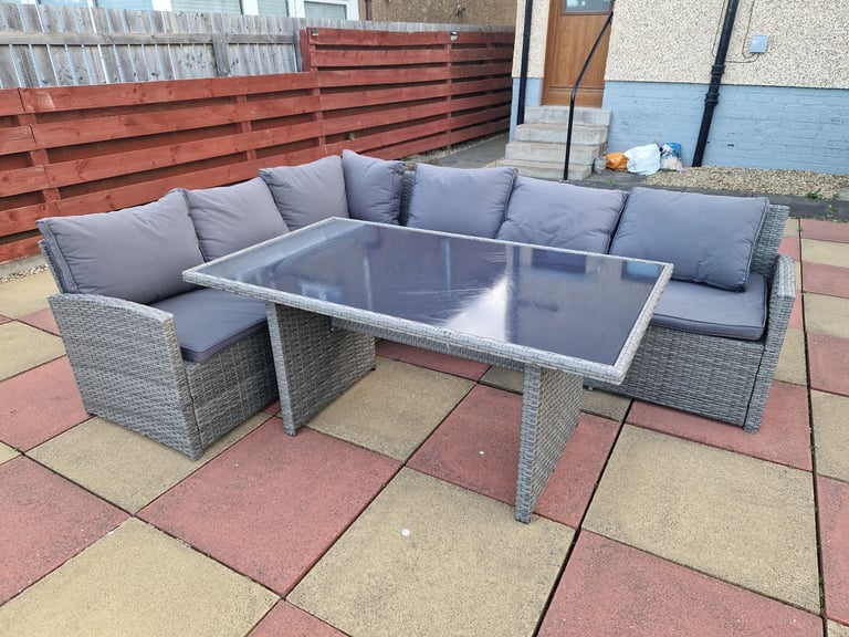 image for L-Shaped Rattan Garden Furniture Set with Dining Table & Grey Cushions