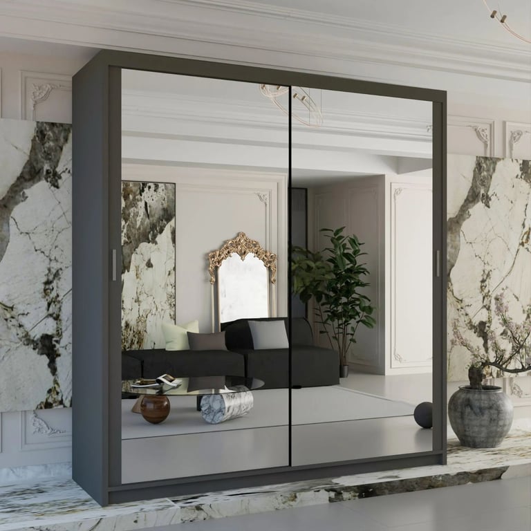 Brand New 2 or 3 Doors Sliding Wardrobe with Mirrors & Drawers in Black Grey White Oak