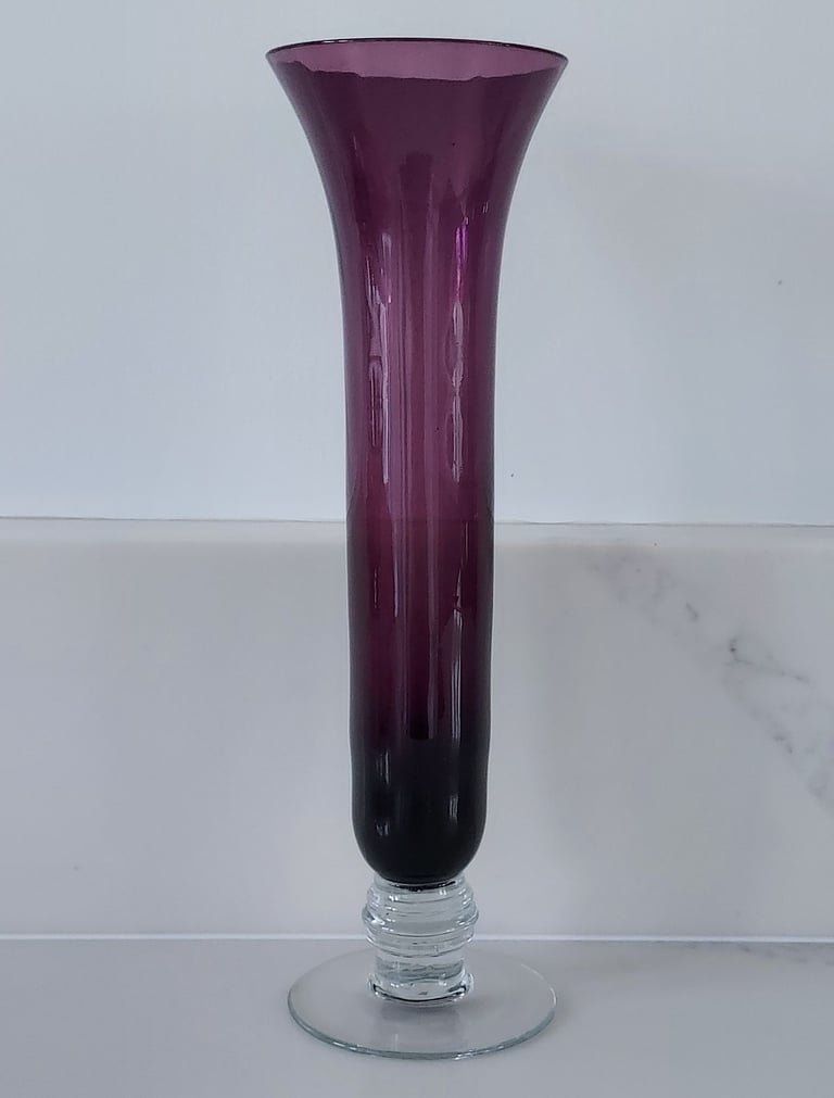 Vintage Purple Glass Bud Vase Clear Foot 20.5 cm Tall