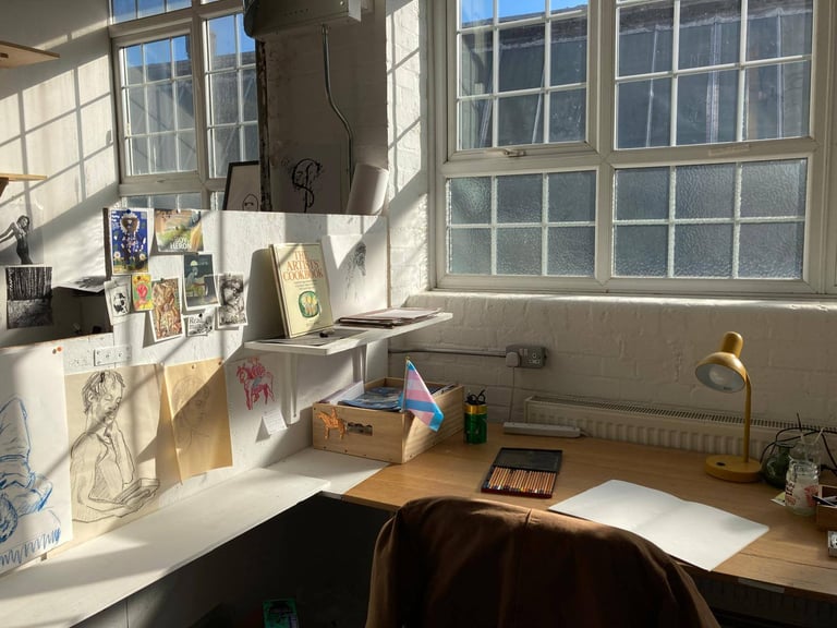 Deskspace in shared artist co-working space