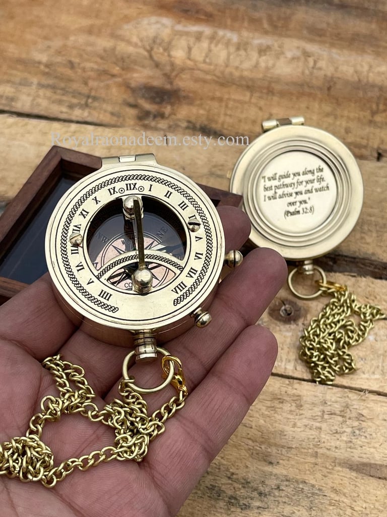image for Personalized Sundial Compass, Custom Engraved Working Brass Compass 