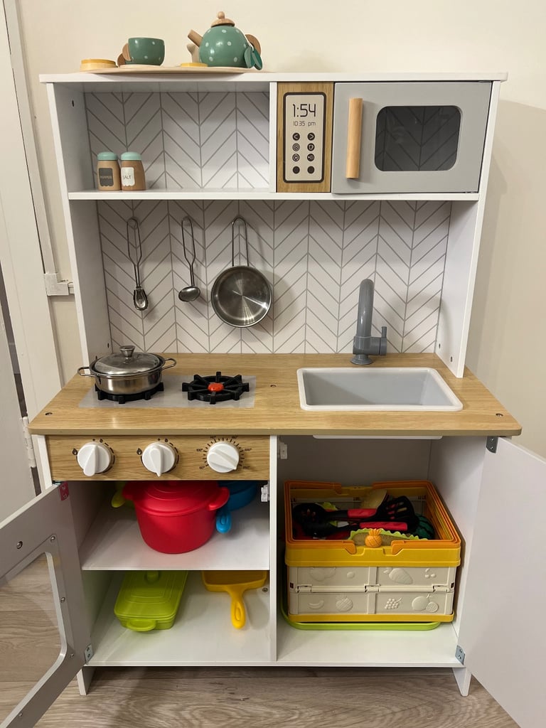 Wooden Play kitchen with cookware 