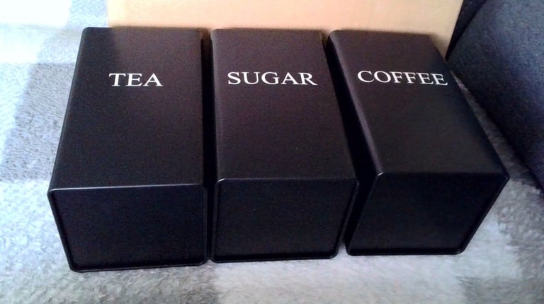 TEA, COFFEE AND SUGAR CANISTERS, SHOE RACK AND SIDE TABLE