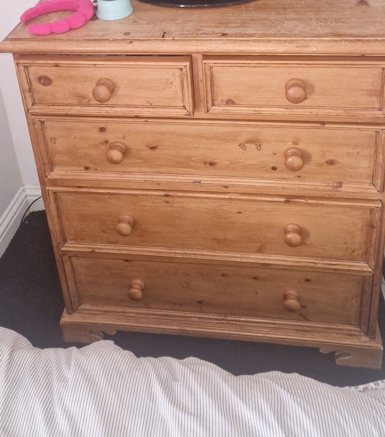 Solid pine wardrobe, draw and bed side table.