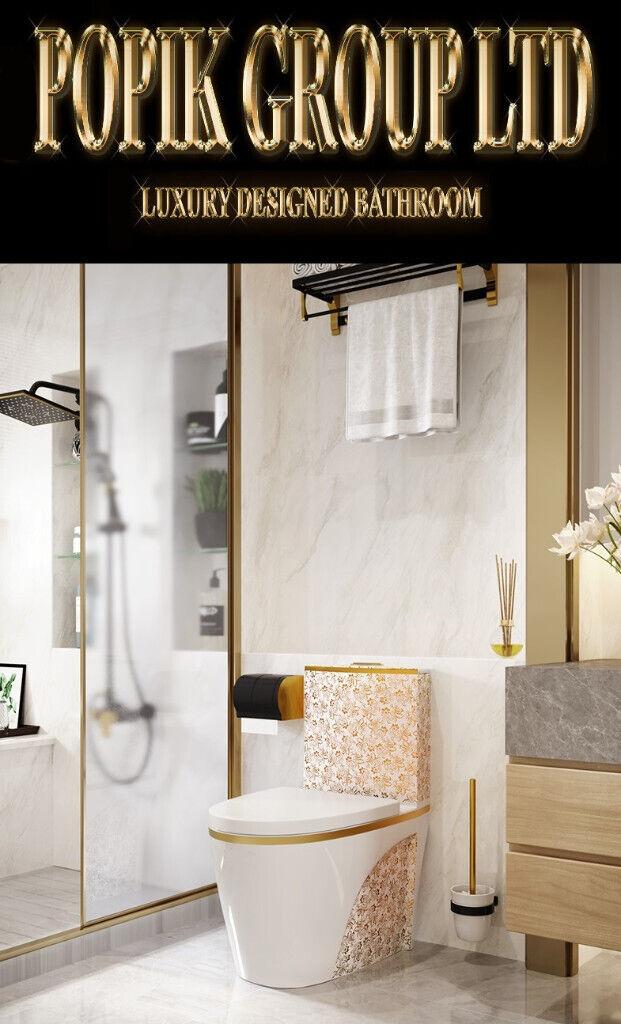 image for Dual-Flush White Luxury Toilet WHITE & GOLD FLOWER WC !!!