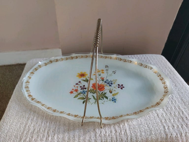 Vintage Opaque Glass Sandwich Plate With Metal Handle 