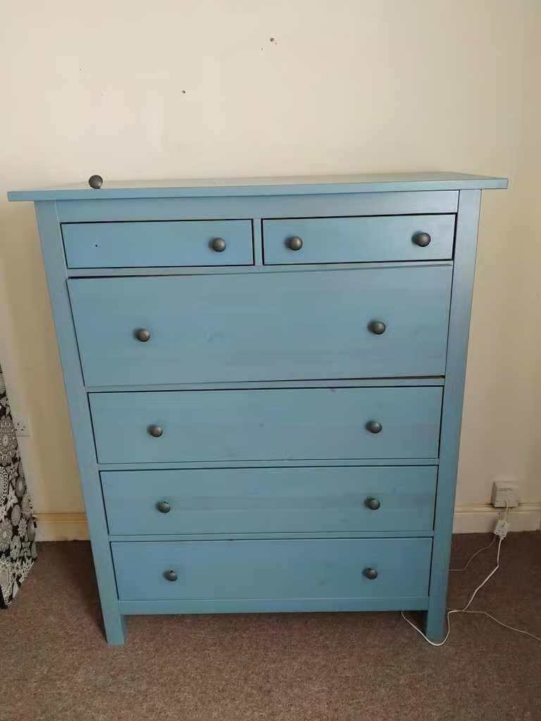 A Very Large, Tall and Heavy, Light Blue Wooden Chest of 6 Drawers, for Bedroom or Other Rooms