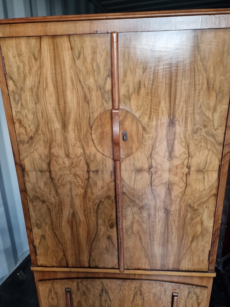 1930’s Art Deco Walnut Two Door Cupboard Over Two Drawers 