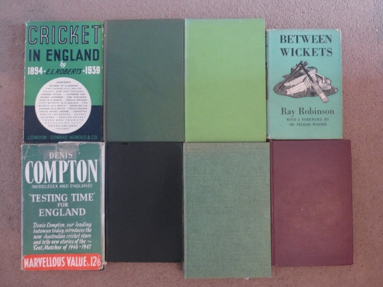 8 vintage Cricket hardback books - Pelham Warner, Swanton, Denis Compton etc. Mostly 1940s
