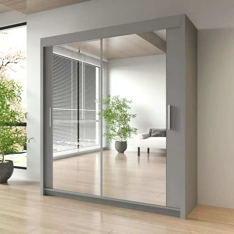 image for Brand New - Chicago Mirror Sliding Door Wardrobe - Grey - SAME/NEXT DAY DELIVERY
