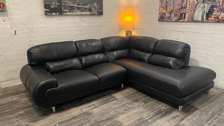 Black leather corner sofa (free delivery)