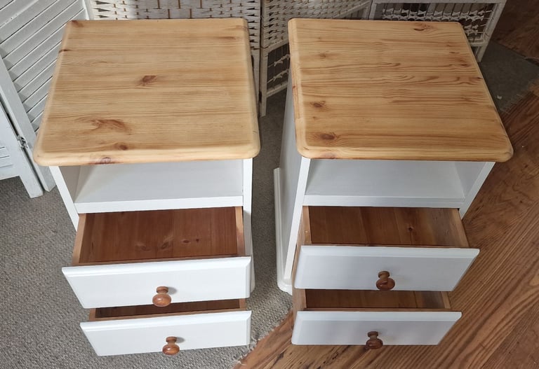 UPCYCLED PAIR OF SOLID PINE BEDSIDE CABINETS 