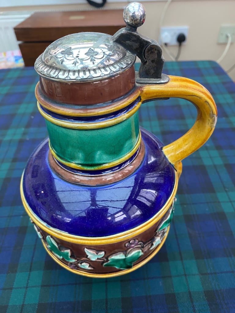 image for 1887 Wedgwood majolica pewter lidded flagon