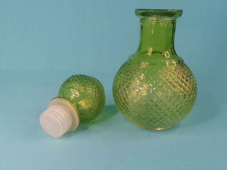 Vintage Green Glass Genie Bottle, Decanter – Ball Stopper. (bit chip,you can see photo. As seen.