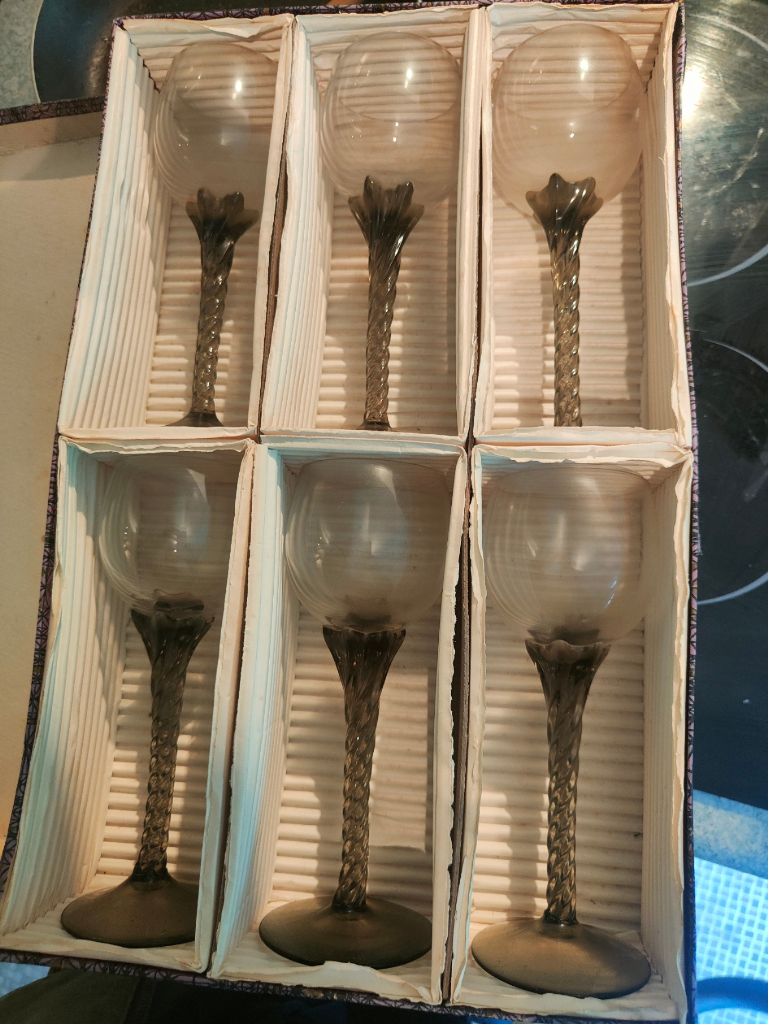 Antique Hock Wine Cocktail Glasses Hand Blown Crystal in box Vintage