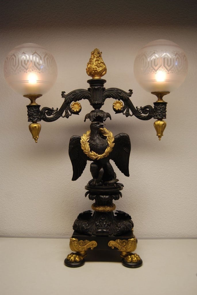 ANTIQUE FRENCH EMPIRE CAST BRONZE IMPERIAL EAGLE GAS LIGHT NEWEL POST GILT LAMP