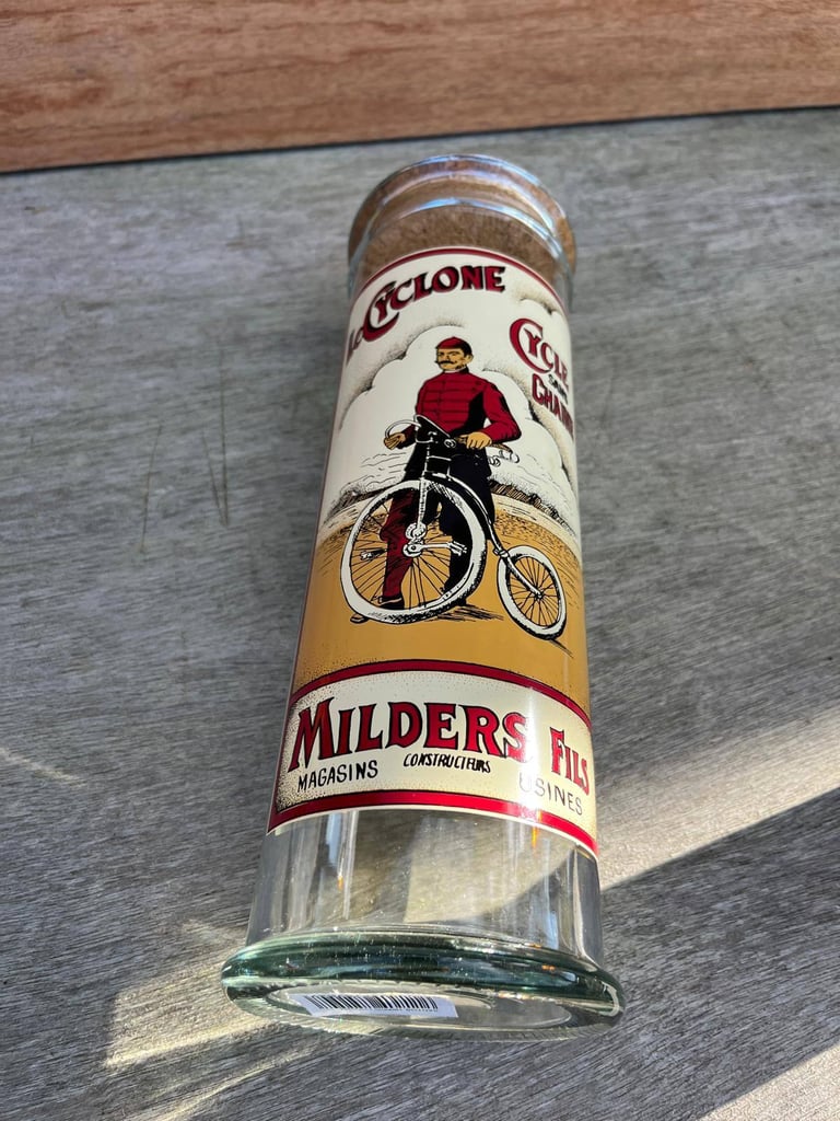 image for Vintage Glass French advertising STORAGE JAR Milders Cycles Cycling Spaghetti Pasta pot jar