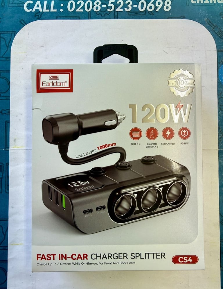 Earldom CS4 120W Multi-Port Car Charger Splitter 6-in-1 Fast Charging Adapter