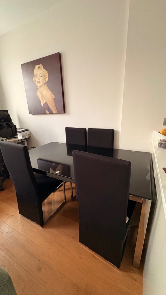 image for Black Glass Dining Table & 4 Chairs Set