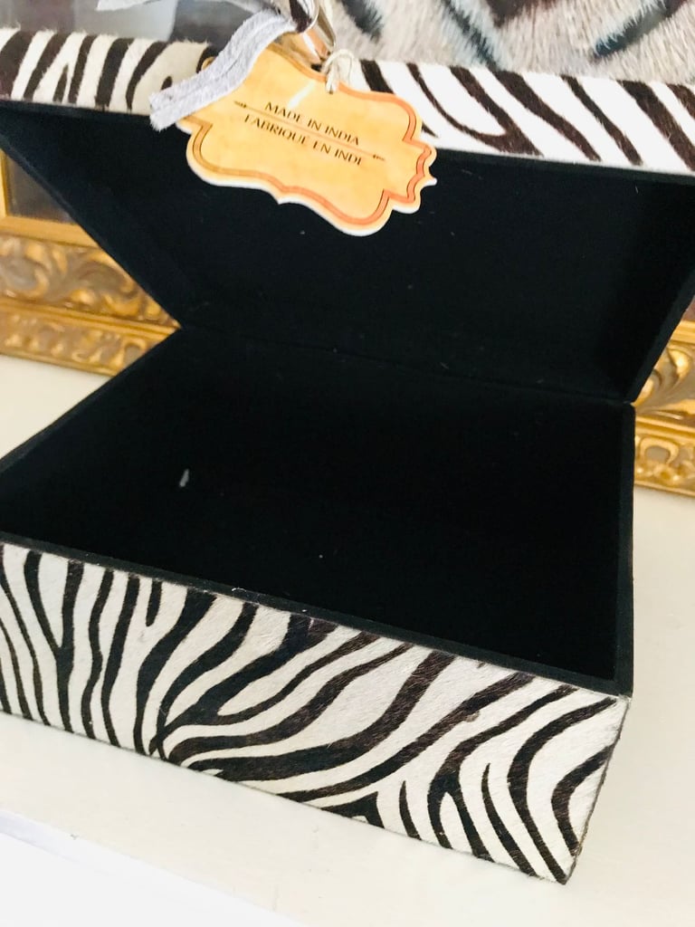 NEW ZEBRA PRINT COWSKIN LEATHER JEWELLERY STORAGE BOX