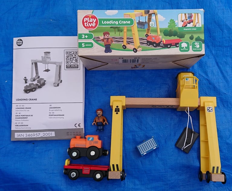 * WOODEN TRAIN TRACK SET IN CASE WITH PLAYTIVE POLICE CAR AMBULANCE CRANE BRIDGE *