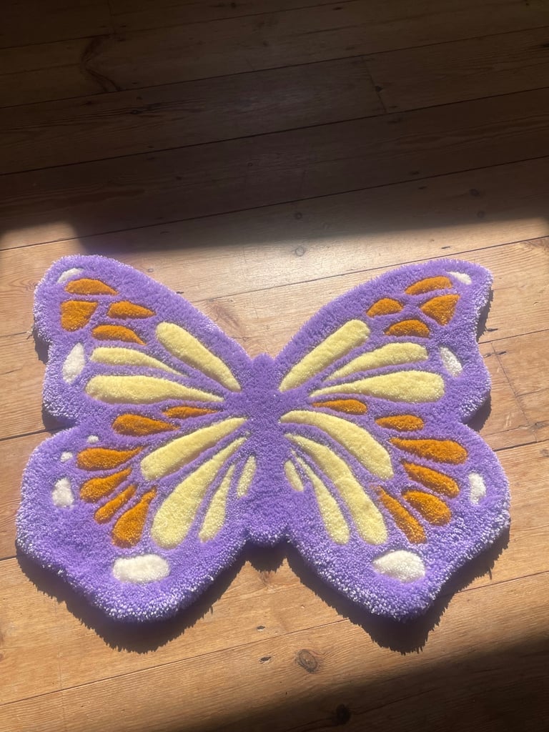 image for handmade tufted rug wall hanging art in unique yellow purple lilac butterfly shape