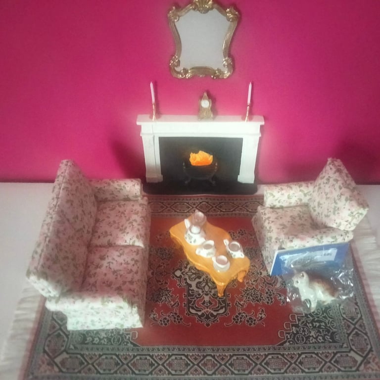 Dolls House Living room set of furniture including new cat still in packaging