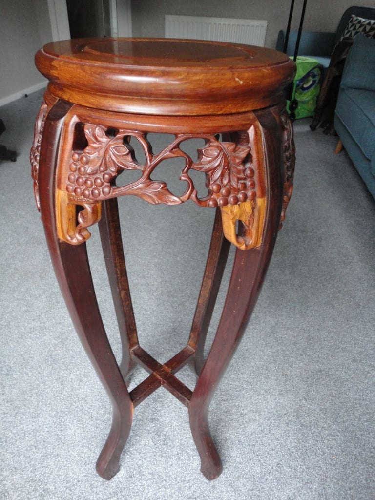 Asian hardwood chinoiserie, hand carved plant pot pedestal table, round wooden top