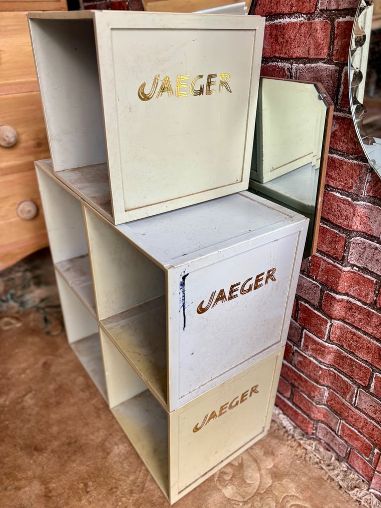 5 Vintage JAEGER plastic stacking shop display boxes/crates./storage