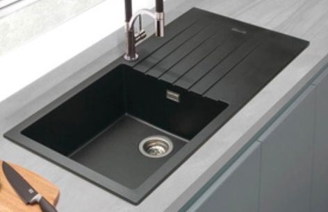 Black Granite Composite Reversible Kitchen Sink & Drainer 200 mm, Boxed waste & plumbing kit