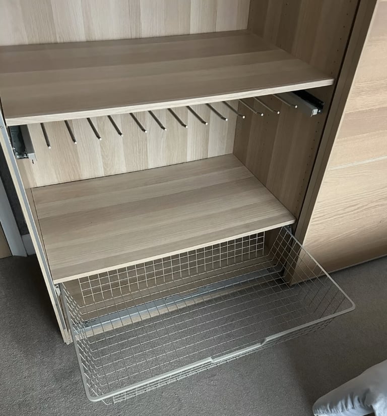LARGE IKEA PAX White Oak Wardrobe, 2 Hang Rail, 5 Shelf & 3 wire drawers, 200x236 FREE DELIVERY 038